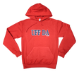 The Uff Da Hoodie - Red (Unisex) features the Scandinavian phrase "UFF DA" in bold white letters with blue outlines on the front.