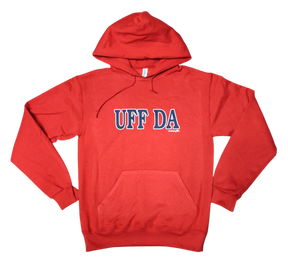 The Uff Da Hoodie - Red (Unisex) features the Scandinavian phrase "UFF DA" in bold white letters with blue outlines on the front.