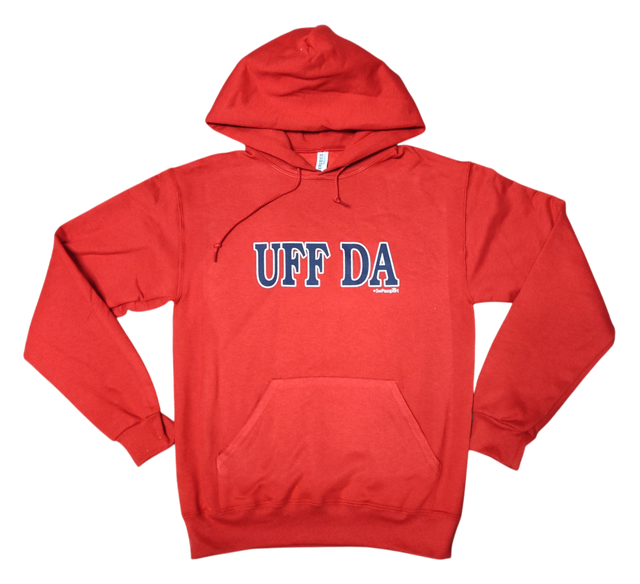 The Uff Da Hoodie - Red (Unisex) features the Scandinavian phrase "UFF DA" in bold white letters with blue outlines on the front.
