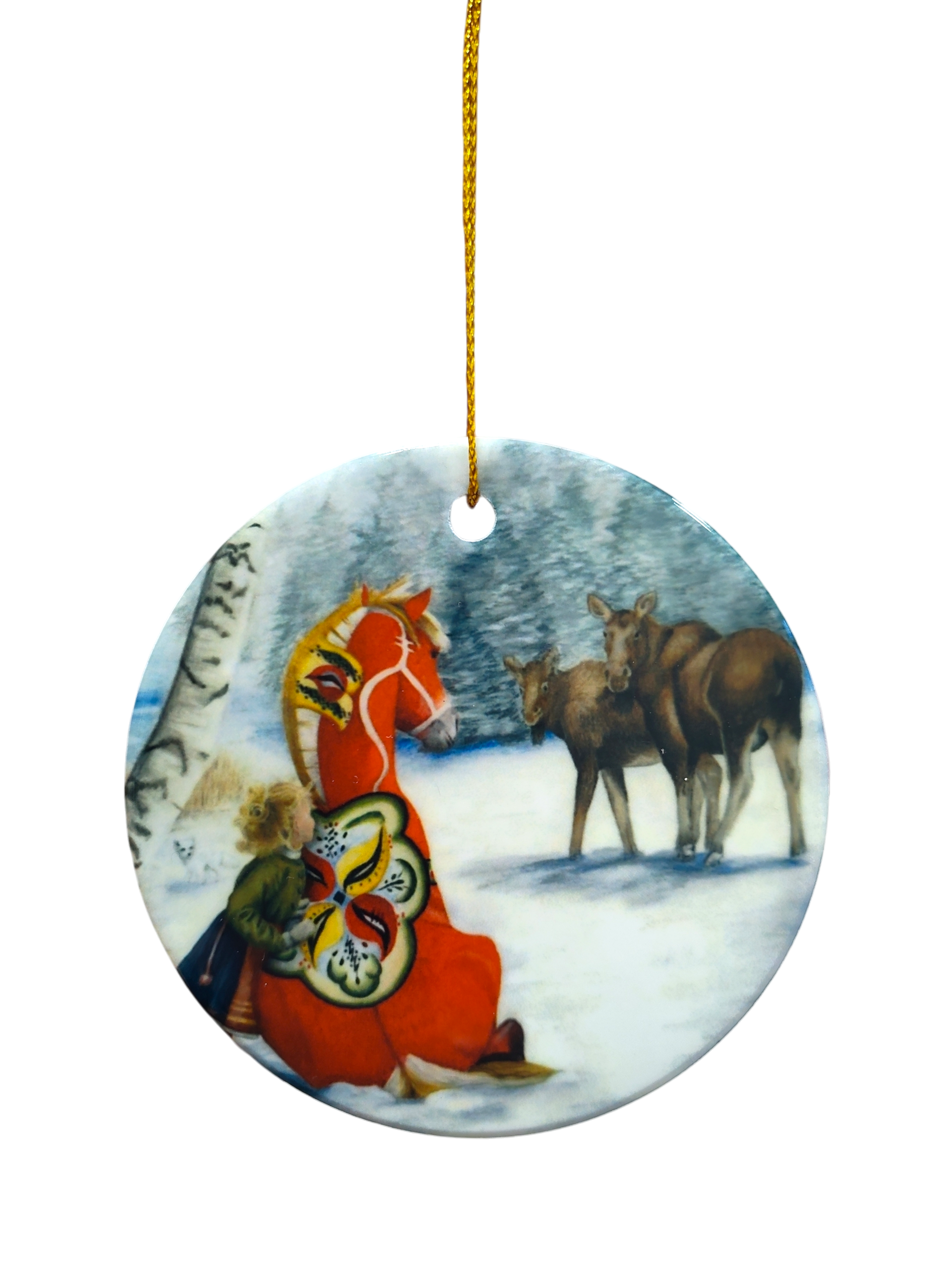 The Ornament: Dala Horse and Moose Ceramic Ornament features a round ceramic design with a child, horse, and two deer in a snowy forest, hung by a gold string—a charming Nordic-inspired Christmas decoration for your tree.