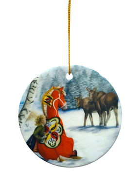 The Ornament: Dala Horse and Moose Ceramic Ornament features a round ceramic design with a child, horse, and two deer in a snowy forest, hung by a gold string—a charming Nordic-inspired Christmas decoration for your tree.