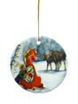 The Ornament: Dala Horse and Moose Ceramic Ornament features a round ceramic design with a child, horse, and two deer in a snowy forest, hung by a gold string—a charming Nordic-inspired Christmas decoration for your tree.