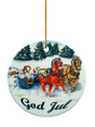 Ornament: Dala Horse and Norwegian Fjord Ceramic Ornament with an illustration of Norwegian Fjord horses pulling a sleigh in snowy pines, plus "God Jul" text at the bottom.