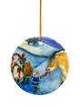 The Ornament: Tomte and Yule Goat Ceramic Ornament features a Tomte feeding a brown horse, while two Yule Goats with baskets stand nearby in a snowy winter scene.
