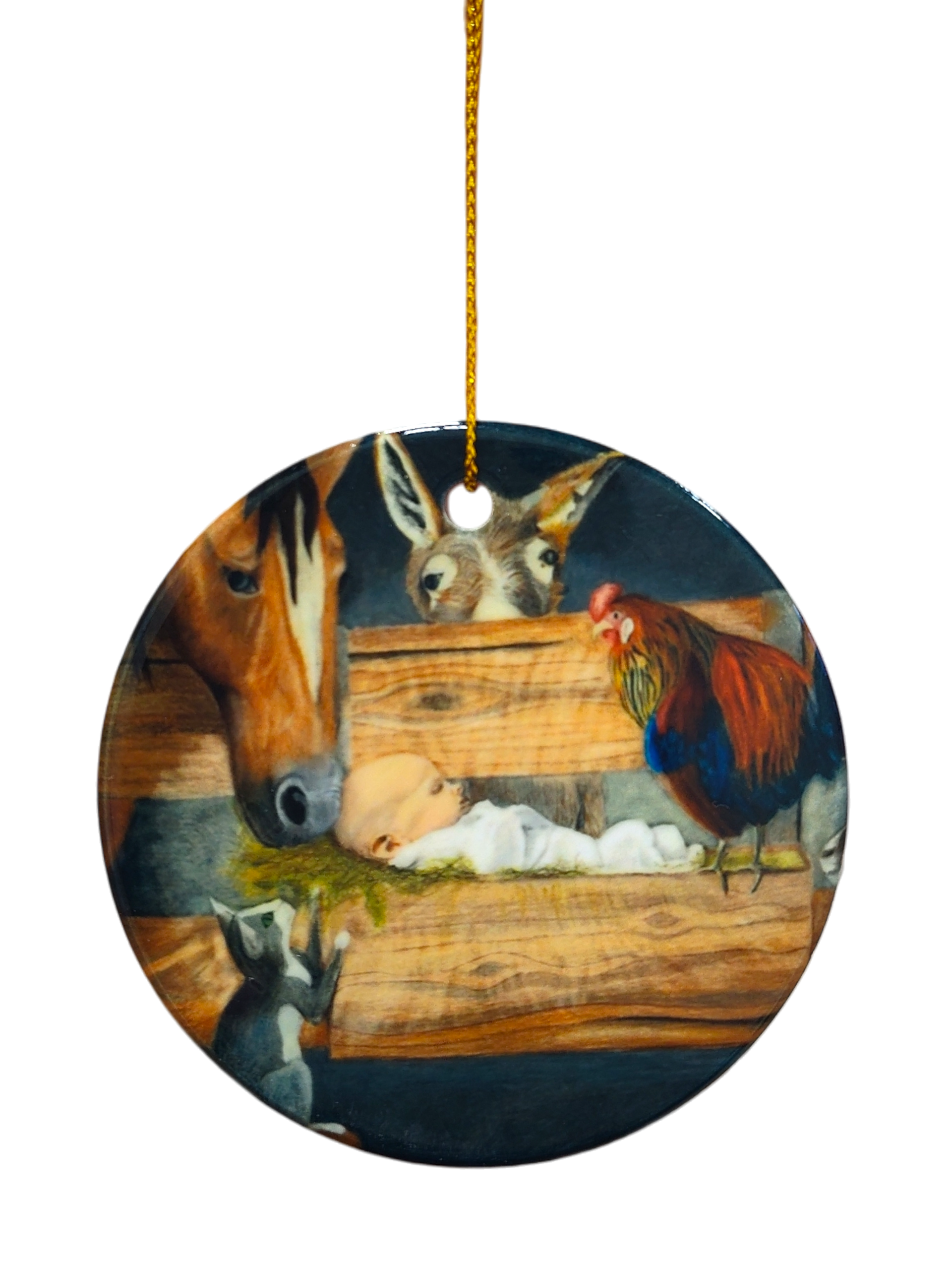 The Ornament: Manger Scene with Barn Animals and Baby Jesus Ceramic Ornament features baby Jesus in a manger, surrounded by a horse, donkey, rooster, and goat, with a gold hanging string at the top.