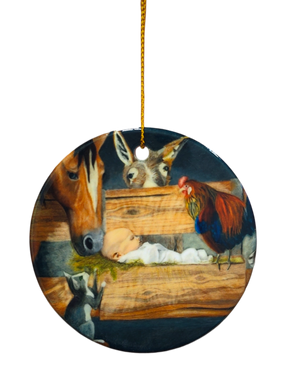 The Ornament: Manger Scene with Barn Animals and Baby Jesus Ceramic Ornament features baby Jesus in a manger, surrounded by a horse, donkey, rooster, and goat, with a gold hanging string at the top.