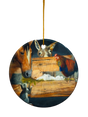 The Ornament: Manger Scene with Barn Animals and Baby Jesus Ceramic Ornament features baby Jesus in a manger, surrounded by a horse, donkey, rooster, and goat, with a gold hanging string at the top.