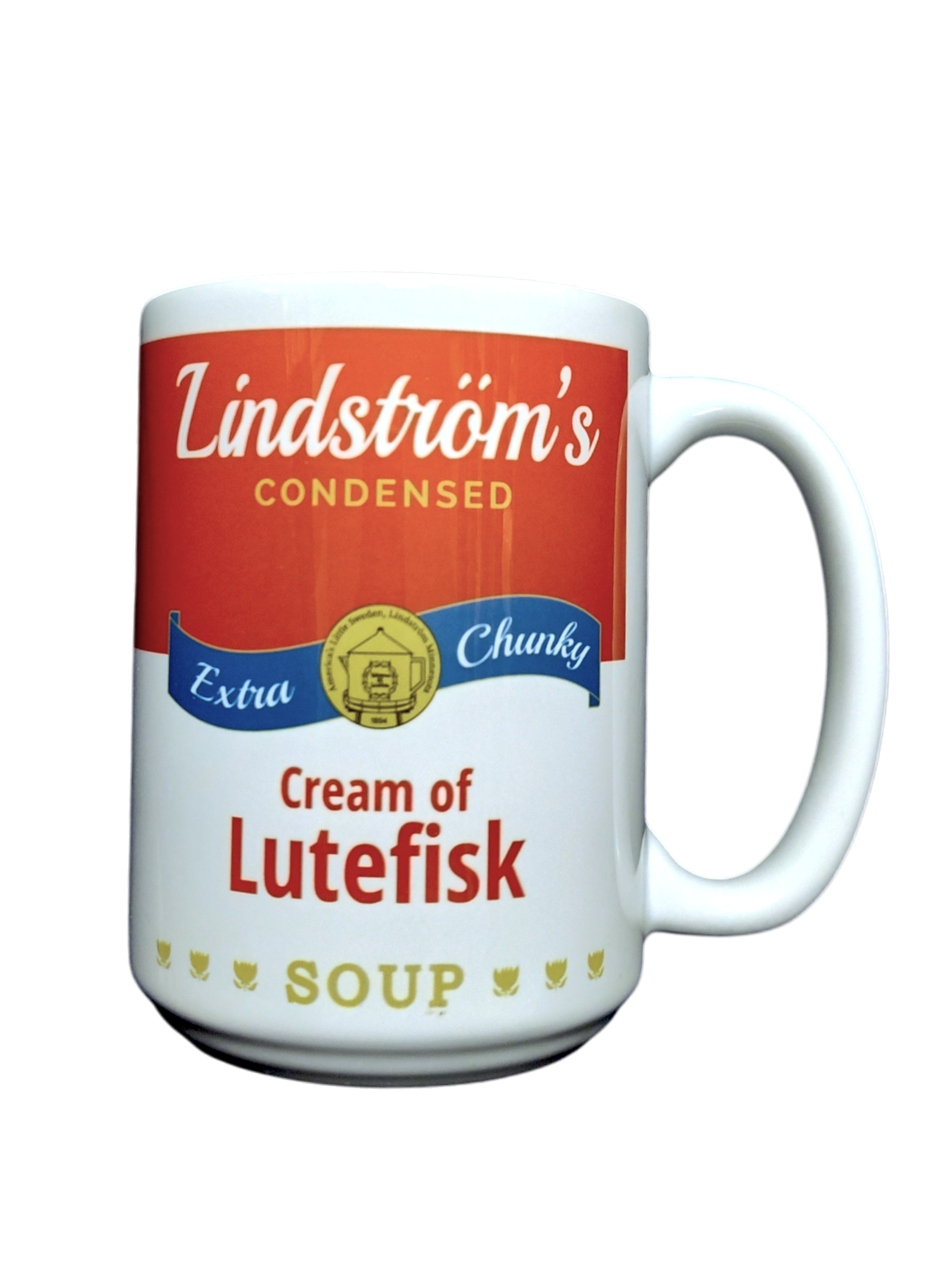 The Mug: Lindstrom's Cream of Lutefisk Ceramic Mug 13oz features a red, gold, and blue label design—Lindströms Condensed Extra Chunky Cream of Lutefisk Soup—making it a fun Scandinavian gift that celebrates Nordic heritage.