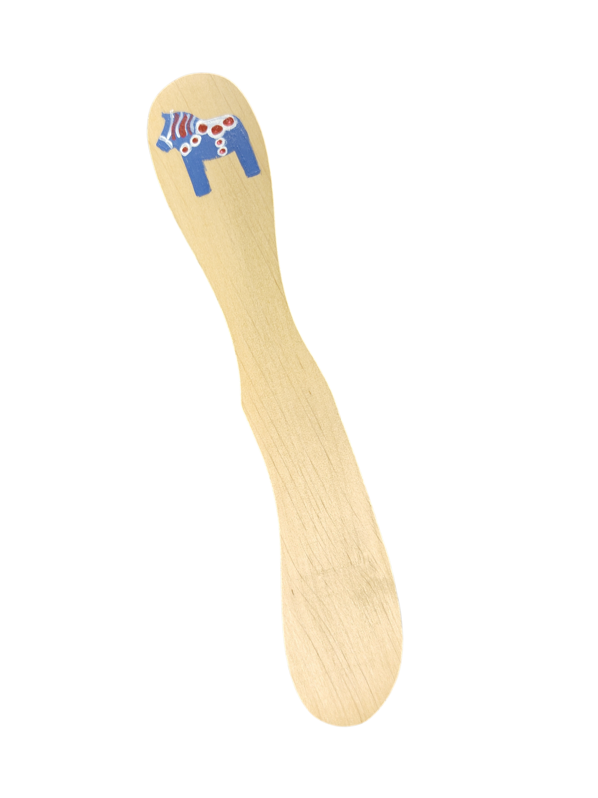 A hand-painted Swedish wood butter spreader with Dala horse and Swedish flag designs is shown on a plain white background.