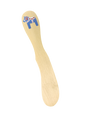 A hand-painted Swedish wood butter spreader with Dala horse and Swedish flag designs is shown on a plain white background.