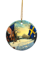 The Ornament: Wooden Village Ceramic Ornament with USA & Sweden Flags features a snowy village scene and hangs from a gold string—ideal for Scandinavian Christmas décor.