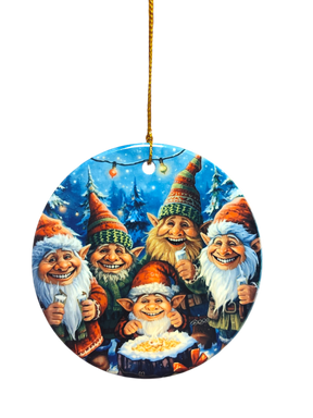 The Ornament: Happy Trolls Ceramic Ornament features five cheerful trolls in festive hats on a snowy winter backdrop, making it a charming and whimsical addition to your holiday décor.