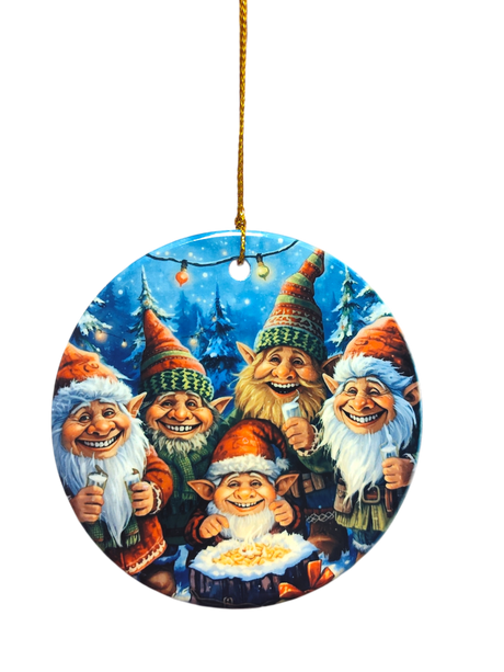 The Ornament: Happy Trolls Ceramic Ornament features five cheerful trolls in festive hats on a snowy winter backdrop, making it a charming and whimsical addition to your holiday décor.