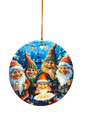 The Ornament: Happy Trolls Ceramic Ornament features five cheerful trolls in festive hats on a snowy winter backdrop, making it a charming and whimsical addition to your holiday décor.