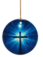 The Ornament: Blue Cross and Star Ceramic Ornament features a glowing blue cross with radiant light, hanging by a gold string on a white background—a striking spiritual accent for any space.