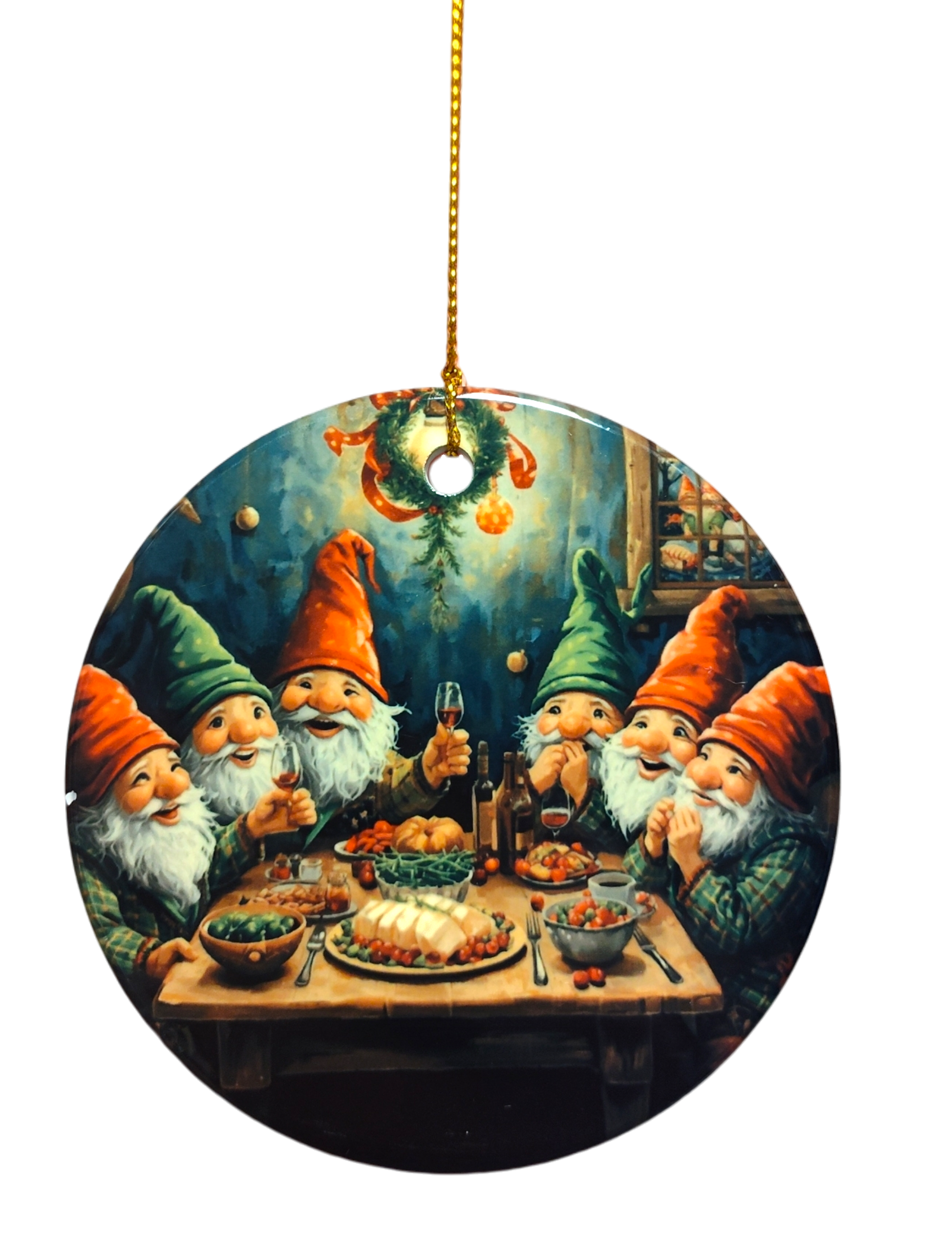 Six gnomes with red and green hats share a festive meal in the Ornament: Gnomes Having a Cozy Meal Ceramic Ornament—ideal for your ceramic Christmas ornament collection or as a whimsical holiday tree decoration.