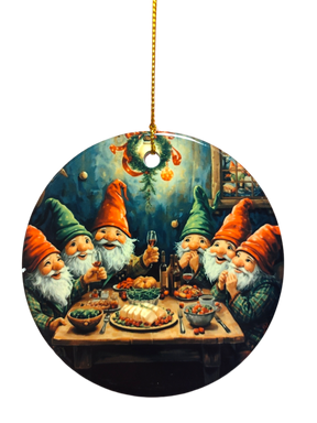 Six gnomes with red and green hats share a festive meal in the Ornament: Gnomes Having a Cozy Meal Ceramic Ornament—ideal for your ceramic Christmas ornament collection or as a whimsical holiday tree decoration.