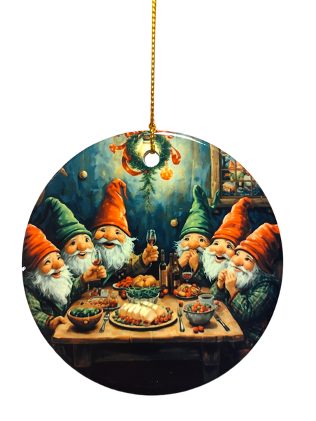 Six gnomes with red and green hats share a festive meal in the Ornament: Gnomes Having a Cozy Meal Ceramic Ornament—ideal for your ceramic Christmas ornament collection or as a whimsical holiday tree decoration.
