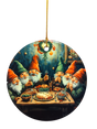 Six gnomes with red and green hats share a festive meal in the Ornament: Gnomes Having a Cozy Meal Ceramic Ornament—ideal for your ceramic Christmas ornament collection or as a whimsical holiday tree decoration.
