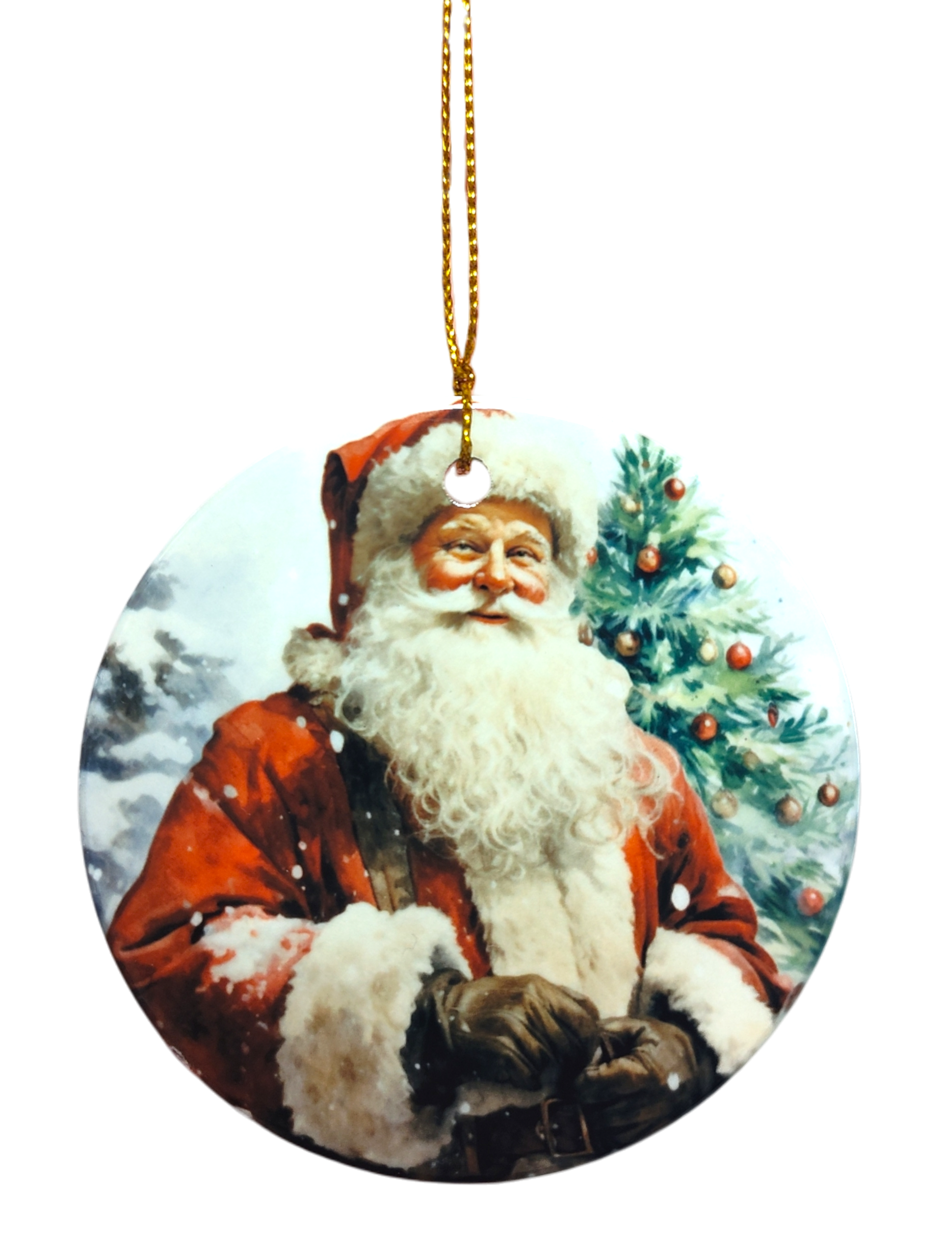 The Ornament: Santa Claus Ceramic Ornament features Santa Claus in front of a decorated Christmas tree and comes with a gold hanging string—perfect for festive holiday décor.