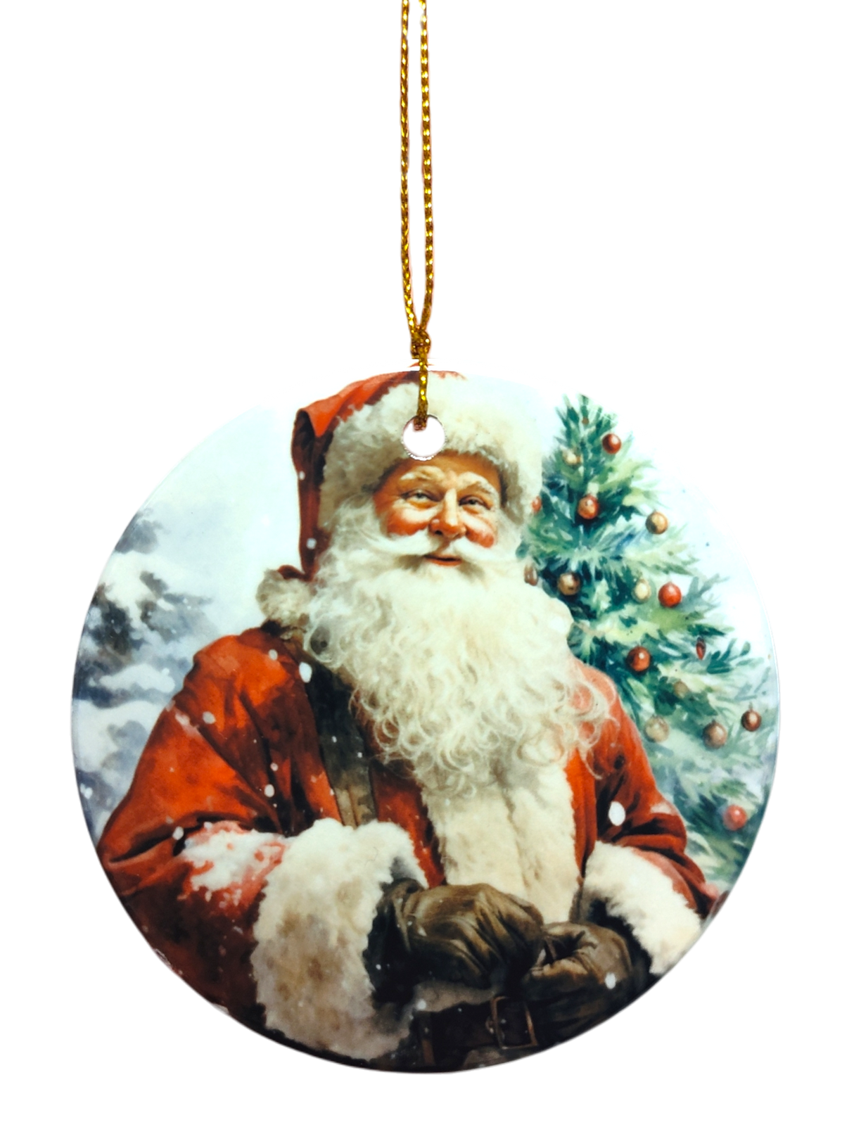 The Ornament: Santa Claus Ceramic Ornament features Santa Claus in front of a decorated Christmas tree and comes with a gold hanging string—perfect for festive holiday décor.