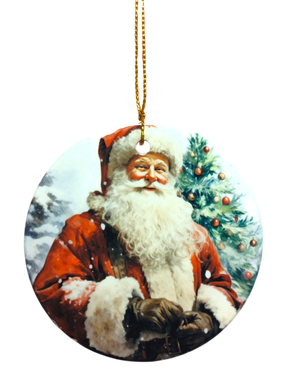 The Ornament: Santa Claus Ceramic Ornament features Santa Claus in front of a decorated Christmas tree and comes with a gold hanging string—perfect for festive holiday décor.
