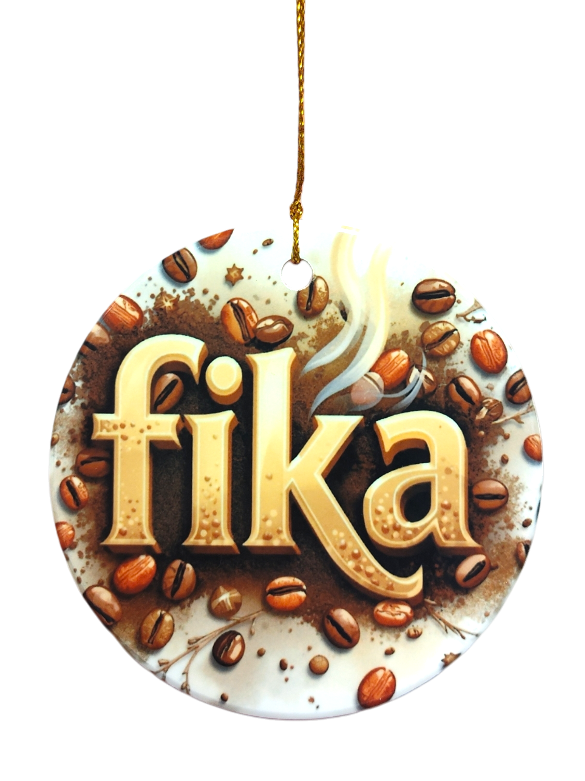 The Ornament: Fika Coffee Ceramic Ornament features “fika” in bold letters, coffee beans, and steam on a round ceramic piece with a gold string—perfect for celebrating Scandinavian coffee culture and enhancing your Nordic décor.