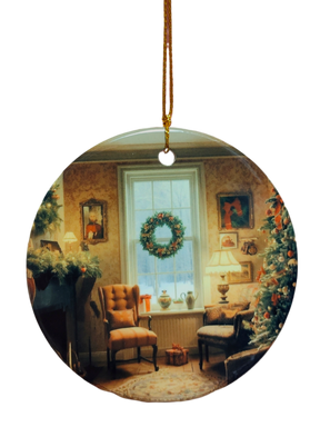 The Ornament: Christmas Sitting Room Ceramic Ornament features a cozy living room with a wreath, lit tree, and festive decor—perfect for adding traditional holiday charm to your Christmas decorations.