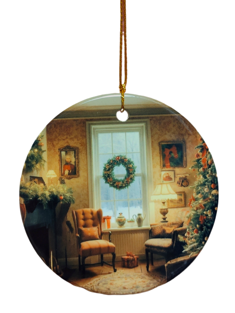 The Ornament: Christmas Sitting Room Ceramic Ornament features a cozy living room with a wreath, lit tree, and festive decor—perfect for adding traditional holiday charm to your Christmas decorations.