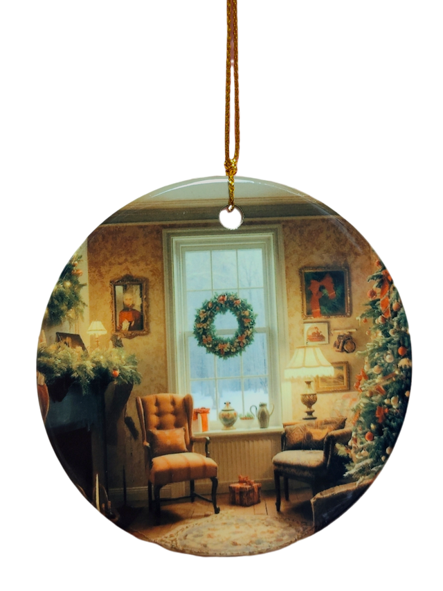 The Ornament: Christmas Sitting Room Ceramic Ornament features a cozy living room with a wreath, lit tree, and festive decor—perfect for adding traditional holiday charm to your Christmas decorations.