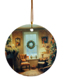The Ornament: Christmas Sitting Room Ceramic Ornament features a cozy living room with a wreath, lit tree, and festive decor—perfect for adding traditional holiday charm to your Christmas decorations.