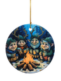 The Ornament: Gnomes Around a Fire Ceramic Ornament features four cheerful, antlered trolls with mugs by a campfire in a snowy forest—an ideal holiday tree decoration.