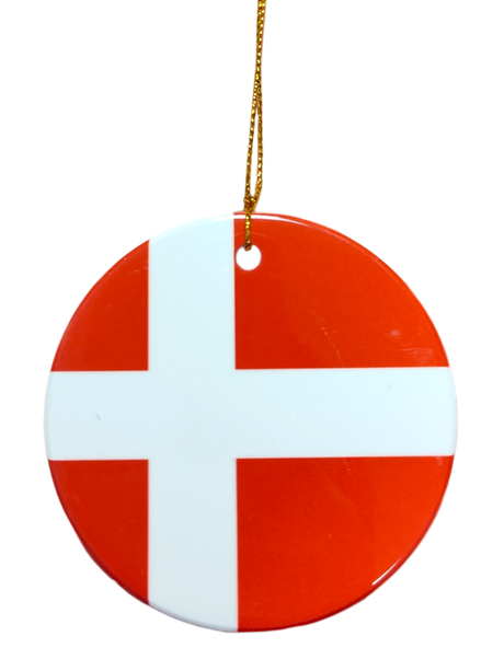 The Ornament: Denmark Flag Ceramic Ornament features the iconic red and white Danish cross and hangs by a gold string—an ideal tribute to Danish heritage.