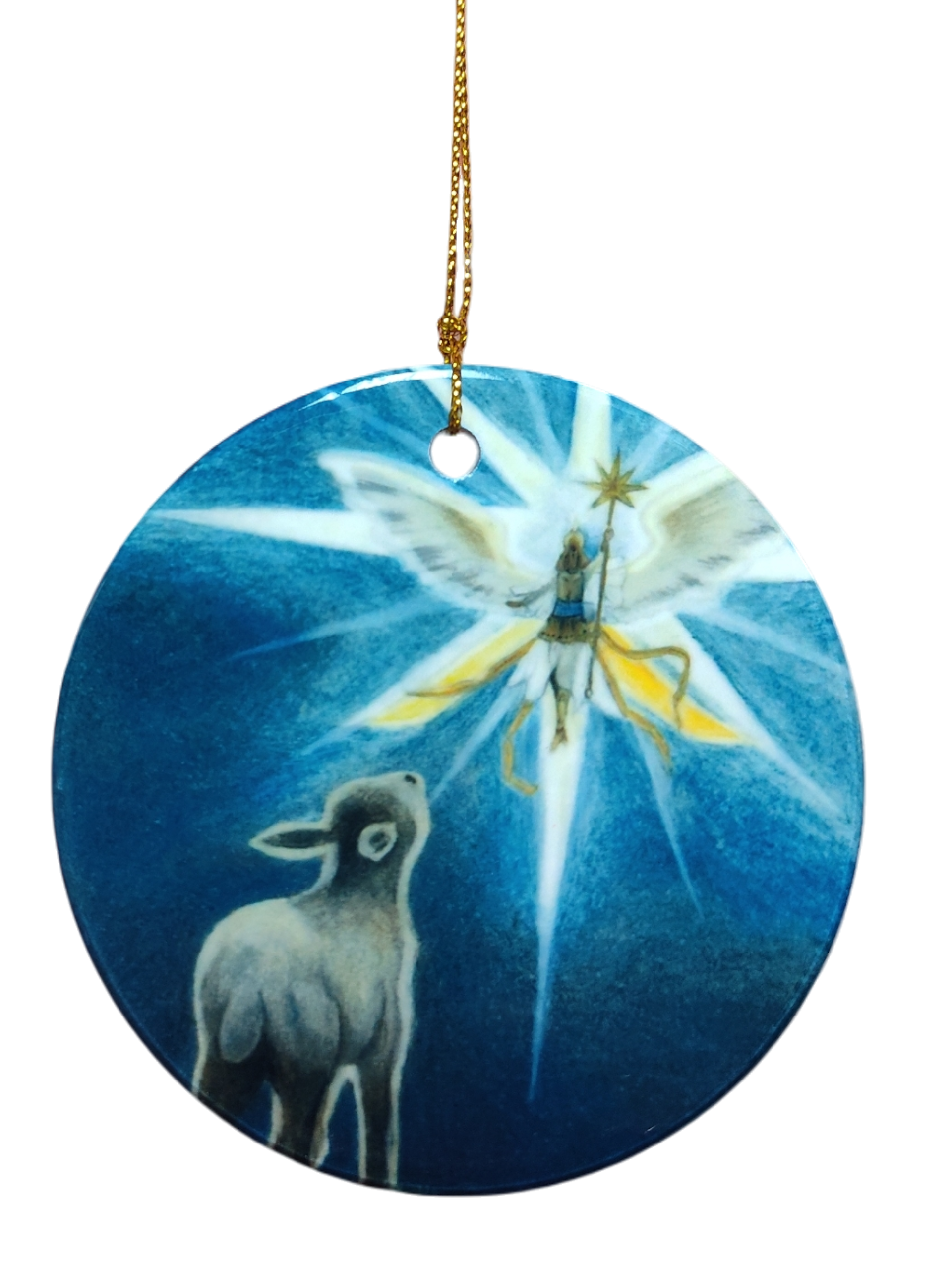 The Ornament: Shepherd and Angel Ceramic Ornament features an angel with a star above a lamb, evoking a classic nativity scene. Made of ceramic, it comes with a golden string for easy hanging.