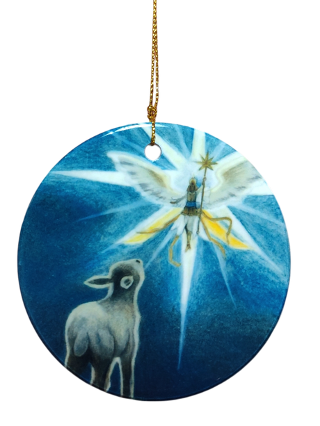 The Ornament: Shepherd and Angel Ceramic Ornament features an angel with a star above a lamb, evoking a classic nativity scene. Made of ceramic, it comes with a golden string for easy hanging.