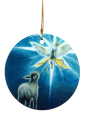 The Ornament: Shepherd and Angel Ceramic Ornament features an angel with a star above a lamb, evoking a classic nativity scene. Made of ceramic, it comes with a golden string for easy hanging.