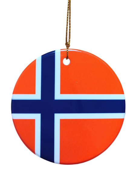 The Ornament: Iceland Flag Ceramic Ornament is a round ceramic ornament displaying the Icelandic flag, with a blue cross outlined in white on a red background, hanging from a gold string—perfect for celebrating Icelandic heritage.