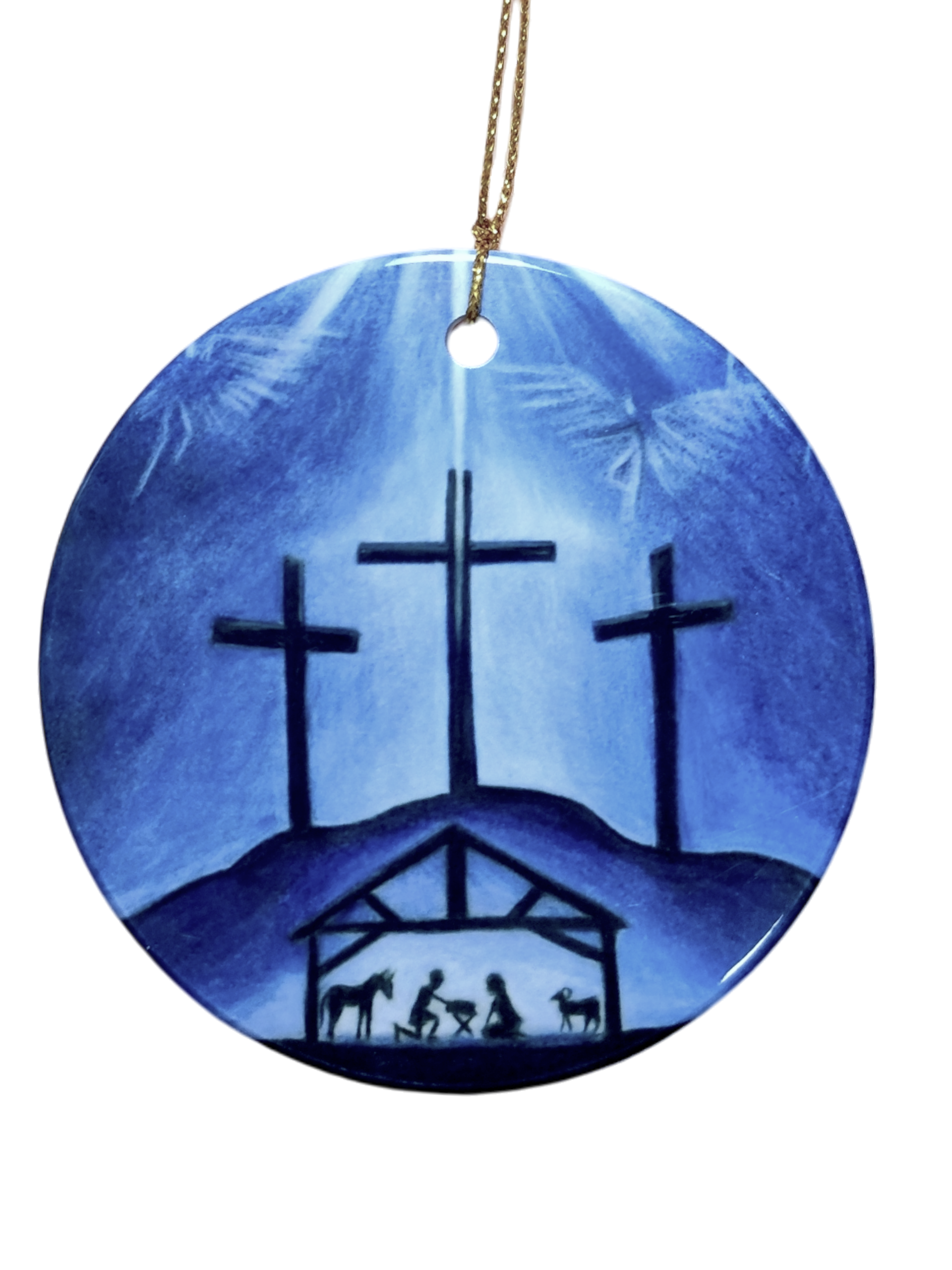 The Ornament: Blue Crosses Ceramic Ornament features three crosses on a hill above a nativity scene, set against a blue background and finished with a gold hanging string—a meaningful religious decoration for your Christmas tree.