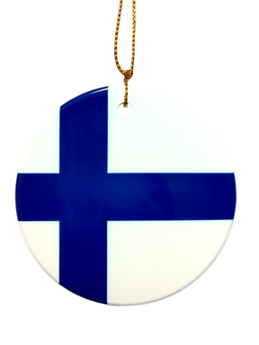The Ornament: Finland Flag Ceramic Ornament features a blue Nordic cross on white and hangs by a gold string—an ideal tribute to Finnish heritage.