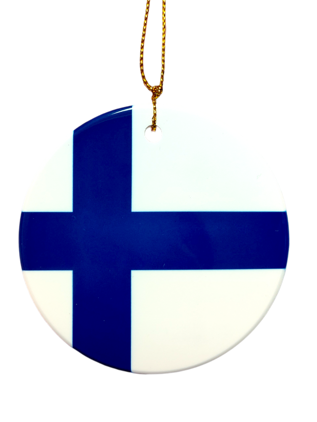 The Ornament: Finland Flag Ceramic Ornament features a blue Nordic cross on white and hangs by a gold string—an ideal tribute to Finnish heritage.