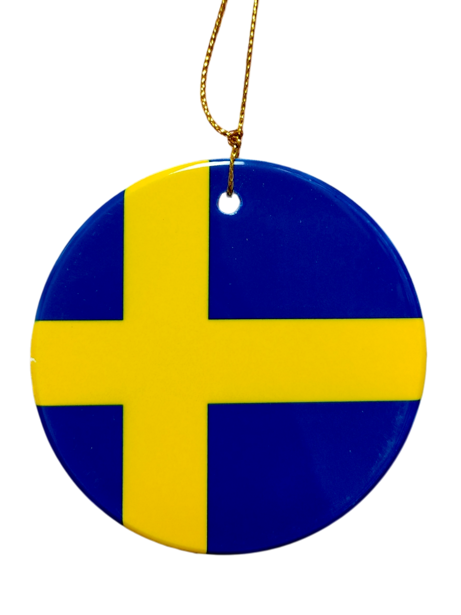 Celebrate Swedish heritage with the Ornament: Sweden Flag Ceramic Ornament, featuring a blue background and yellow cross design, complete with a gold hanging string.