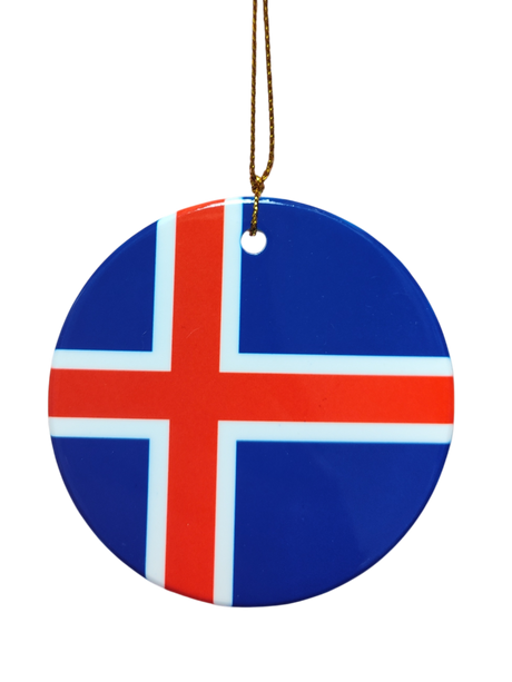 The Ornament: Iceland Flag Ceramic Ornament showcases the red and white cross on blue, symbolizing Iceland’s heritage. Crafted in ceramic, it hangs by a gold string—perfect for celebrating Icelandic pride.