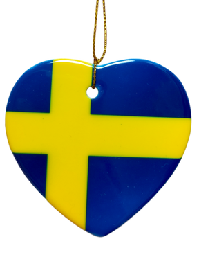 Ornament: Sweden Flag Ceramic Heart Shaped Ornament—features a yellow cross on blue and comes with a gold hanging string, adding a perfect touch of Swedish heritage.