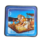 Charming Scandinavian folklore inspired: Coasters—Troll Norway Rolf Lidberg Collection (4-Pack) feature a troll family camping on a wooden raft at night, with kids sleeping under blankets and a campfire by the water. Perfect for unique folklore gifts!.