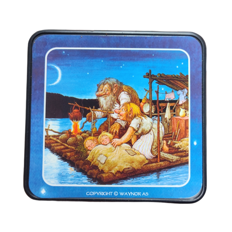 Charming Scandinavian folklore inspired: Coasters—Troll Norway Rolf Lidberg Collection (4-Pack) feature a troll family camping on a wooden raft at night, with kids sleeping under blankets and a campfire by the water. Perfect for unique folklore gifts!.