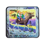 This 4-pack of Troll Norway Rolf Lidberg Collection coasters features charming Scandinavian artwork of four children and a gnome riding a moose through a vibrant forest—perfect as a unique Nordic gift.