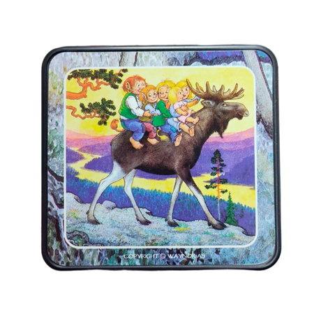 This 4-pack of Troll Norway Rolf Lidberg Collection coasters features charming Scandinavian artwork of four children and a gnome riding a moose through a vibrant forest—perfect as a unique Nordic gift.