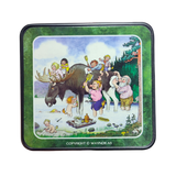 Whimsical scene inspired by the Rolf Lidberg Collection: children and adults play around a moose by a lake with picnic items, set among trees. Perfect for fans of Scandinavian folklore—featured on Troll Norway Rolf Lidberg Collection Coasters (4-Pack).