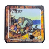 A set of four Rolf Lidberg Troll Norway coasters depicts a whimsical Scandinavian scene: a troll grabs a child by a campfire near a lake, with cooking items, coasters, and a cozy cabin in the background.