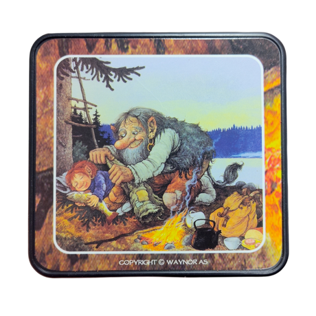 A set of four Rolf Lidberg Troll Norway coasters depicts a whimsical Scandinavian scene: a troll grabs a child by a campfire near a lake, with cooking items, coasters, and a cozy cabin in the background.